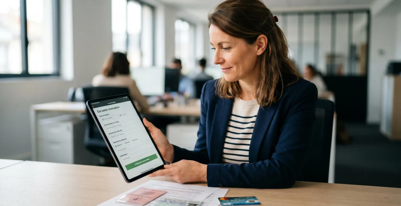 Professionnel consultant une réservation de véhicule sur tablette, avec permis de conduire et documents d'identité français disposés sur le bureau