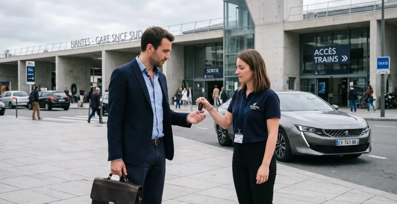 Professionnel en costume recevant les clés d'un véhicule de location gris des mains d'un employé d'agence, sur le parvis de la gare SNCF Nantes Sud, avec la voiture garée en arrière-plan