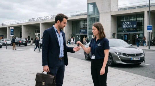 Professionnel en costume recevant les clés d'un véhicule de location gris des mains d'un employé d'agence, sur le parvis de la gare SNCF Nantes Sud, avec la voiture garée en arrière-plan
