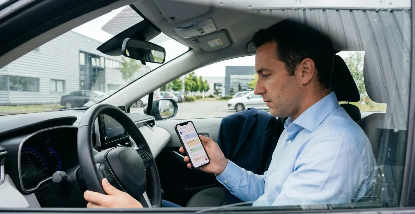 Professionnel au volant d'une berline de location garée sur parking de zone d'activité, consultant son planning de rendez-vous sur smartphone